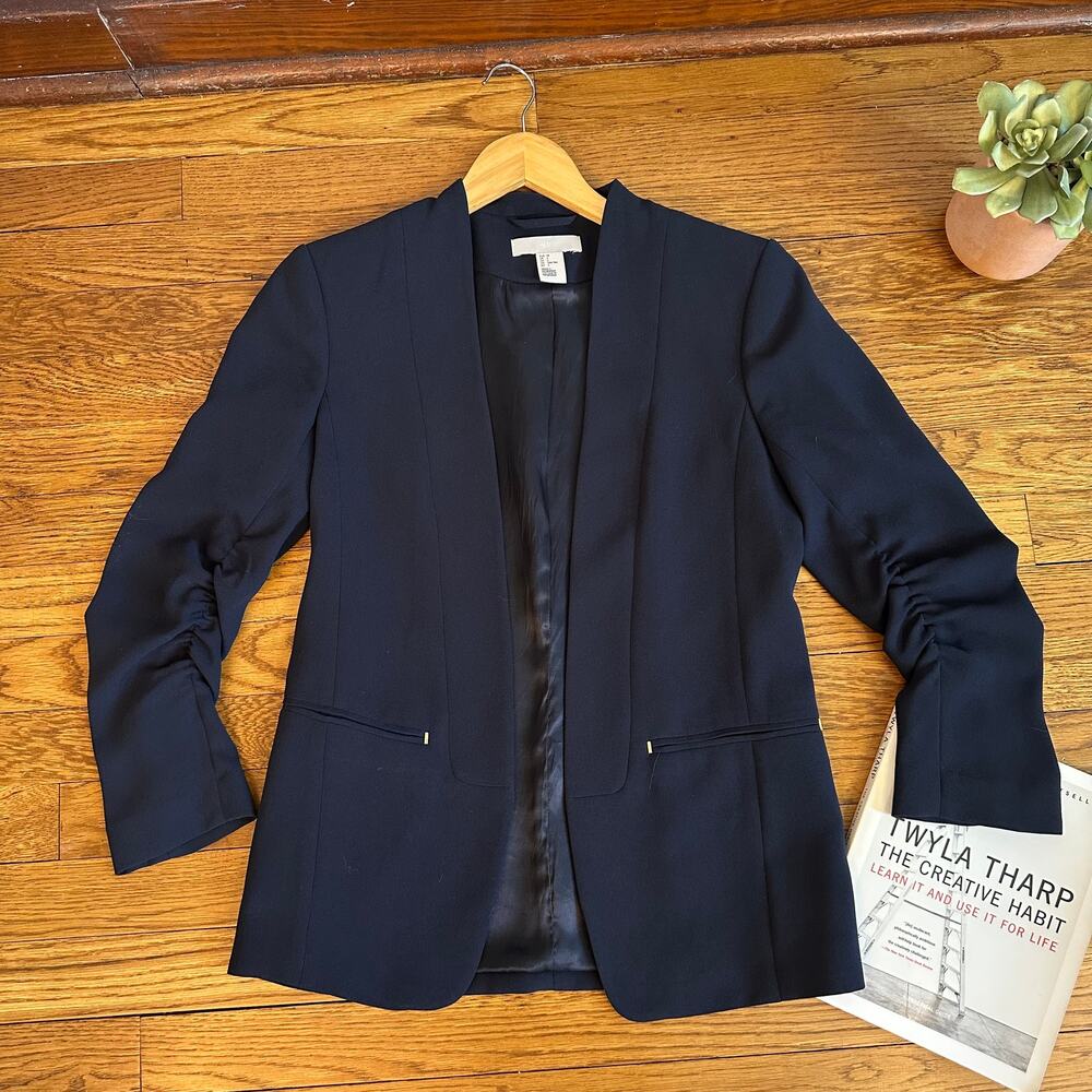 H&M Navy Open Front Blazer with Ruched 3/4 Sleeves